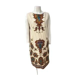 Vintage 1960s Paisley Cotton Shift Dress Mod Boho Sleeveless Mini Medium -